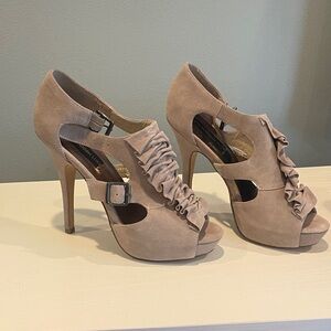 Steven By Steve Madden Ruched Peep-Toe Heels in Light Taupe